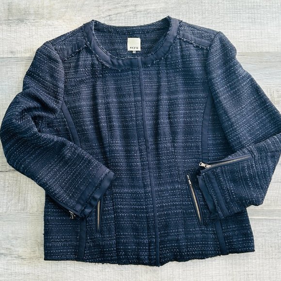 ecru Structured Embroidered Cotton Tweed Jacket (size M) - Picture 6 of 13